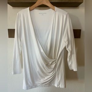 Soft Surroundings|White Ruched Pima Cotton Long Sleeve Feminine Blouse, Size L•